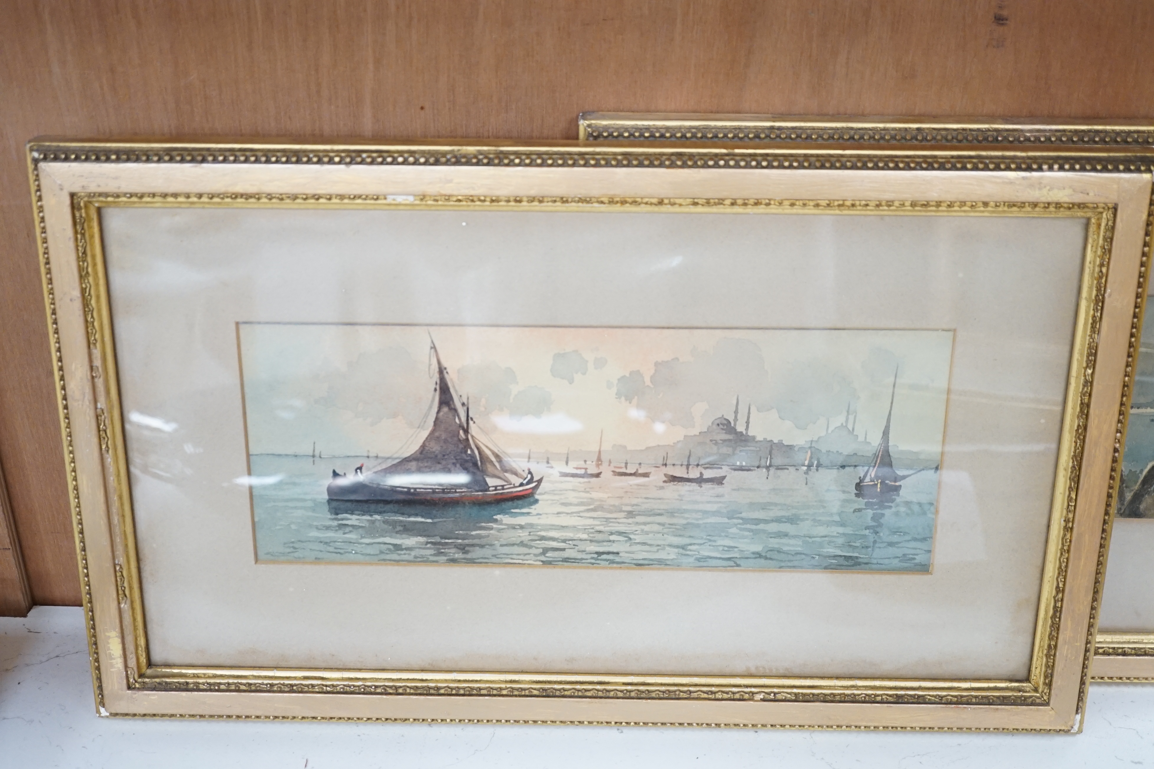 Alice Mary Hobson (1860-1954), three watercolours, 'San Stephano by moonlight from Pasha side' and 'Stanboul (Golden Horn)', inscribed in pencil 'Mary Hobson', 10 x 28cm and 9 x 17.5cm